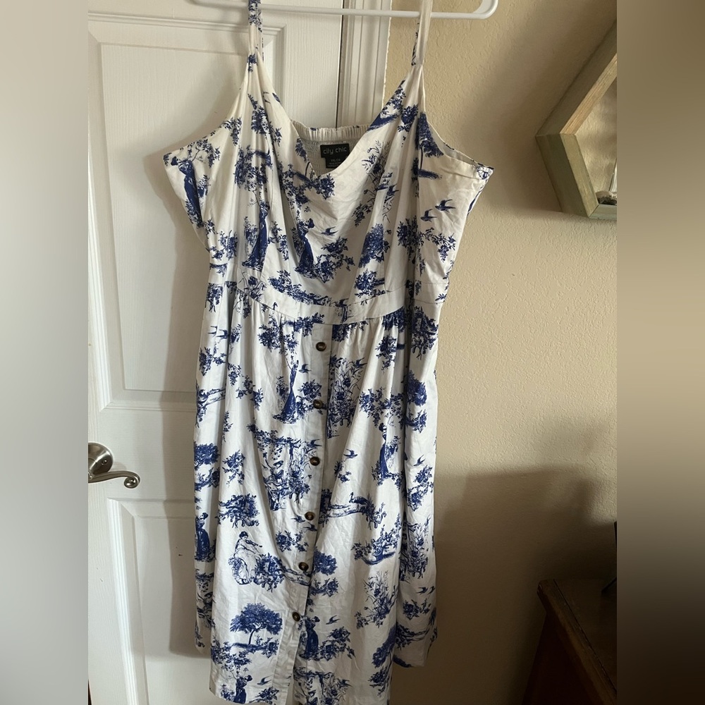 City Chic Strapless Dress in Blue and White